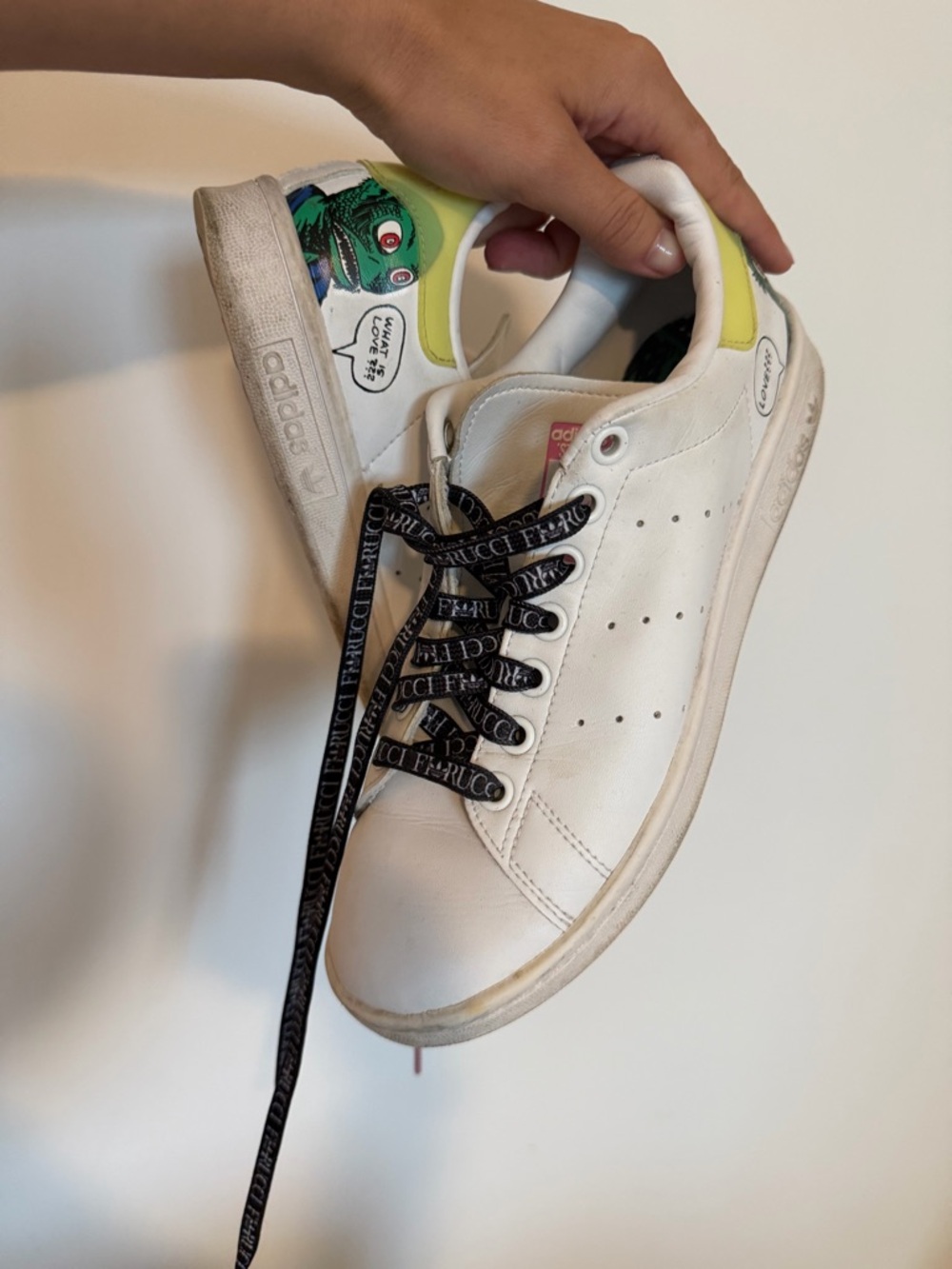adidas Women’s White Leather Sneakers with Yellow Heel and Green Graphic